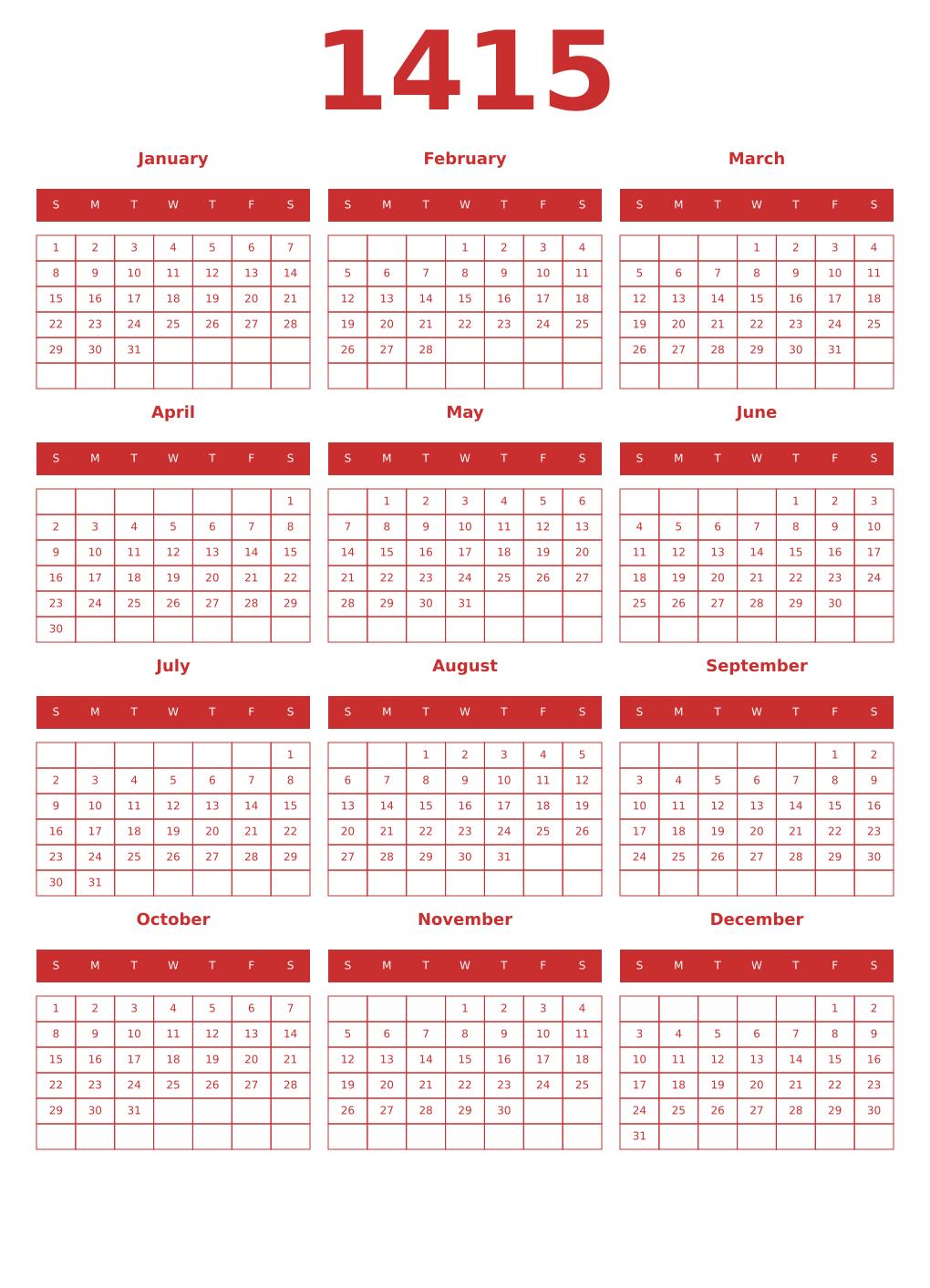 Printable 1415 Year Calendars red