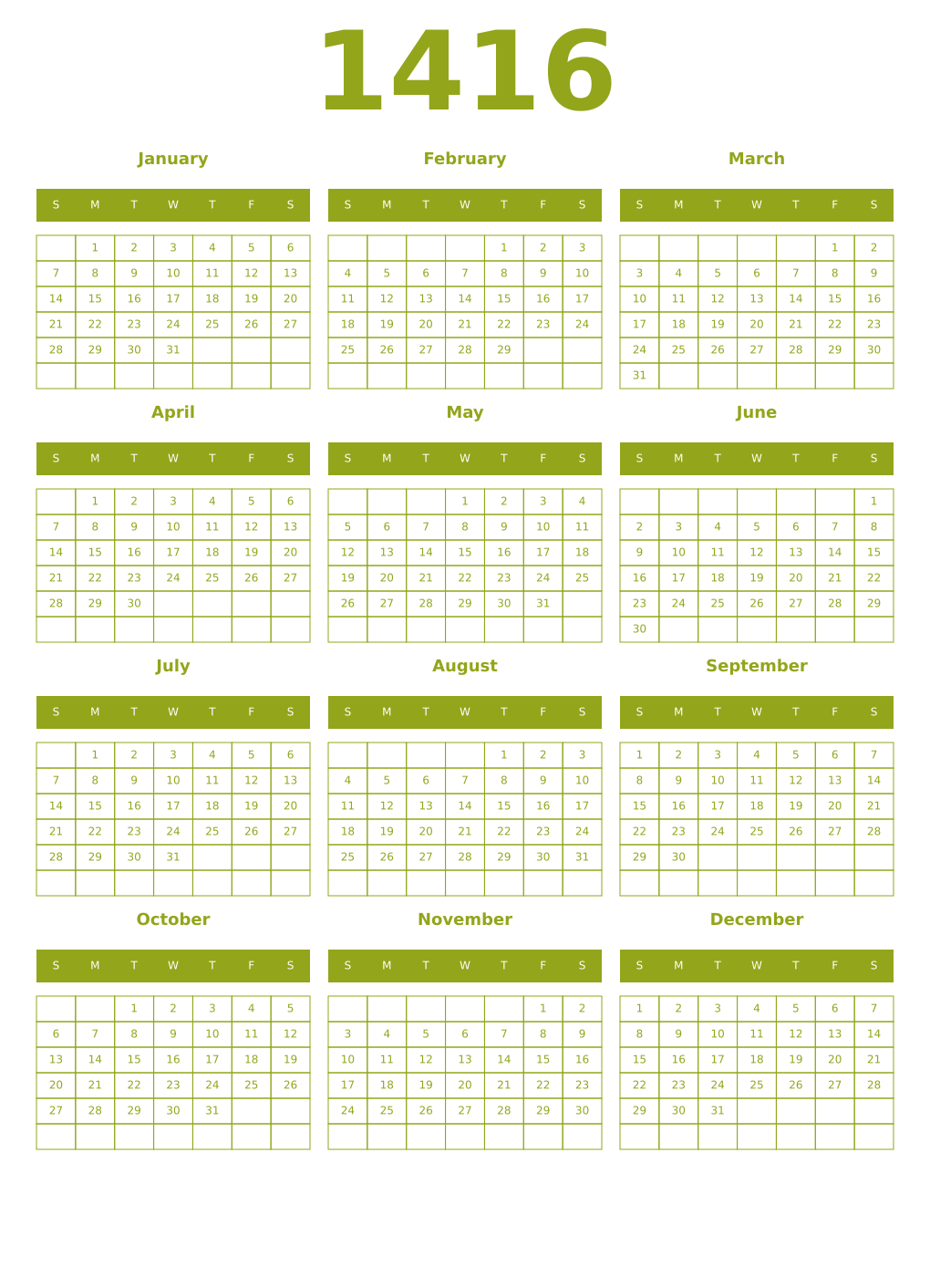 Printable 1416 Year Calendars chartreuse
