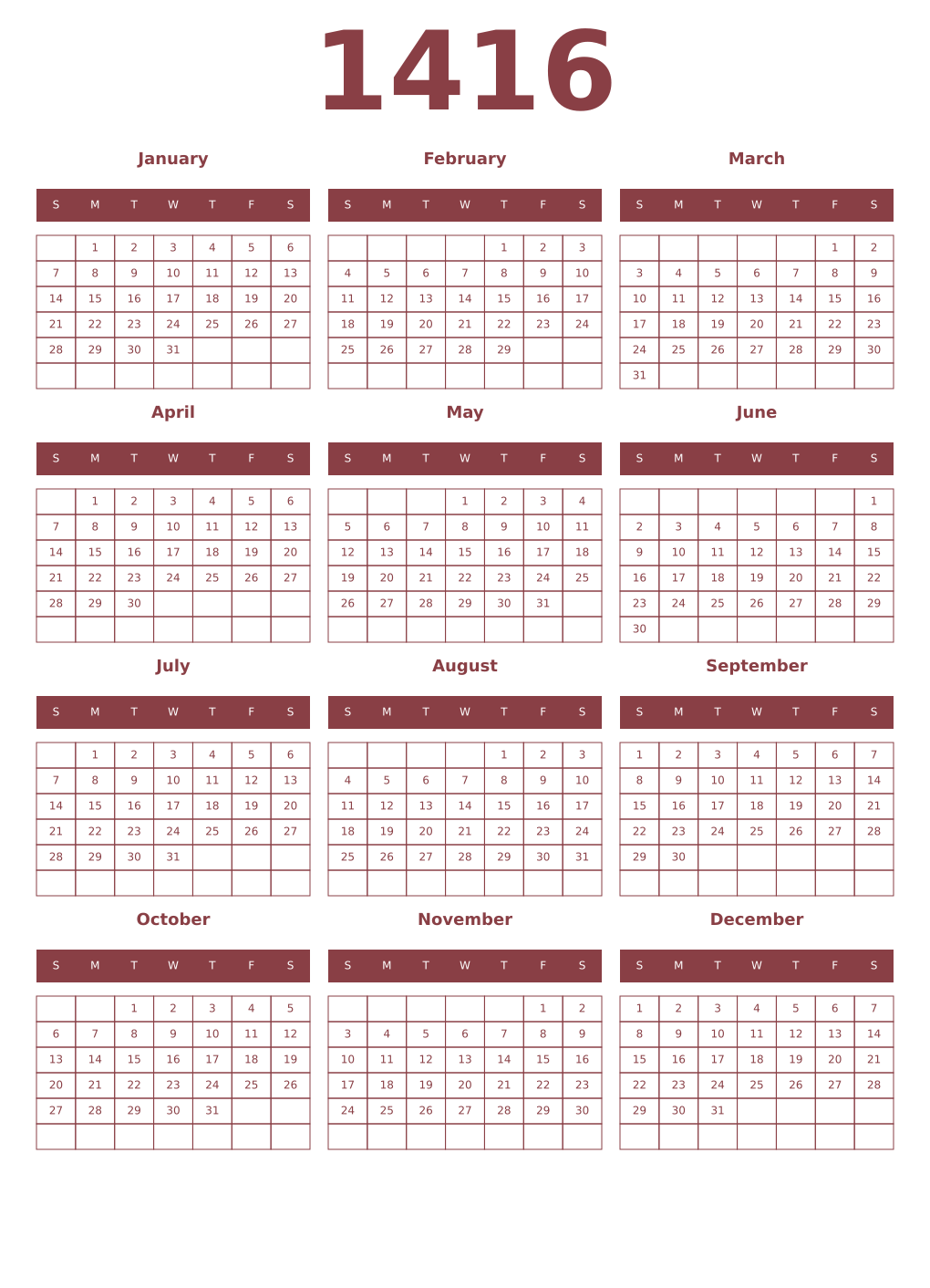 Printable 1416 Year Calendars cordovan