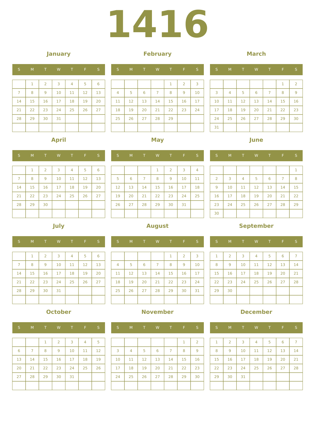 Printable 1416 Year Calendars eburnean