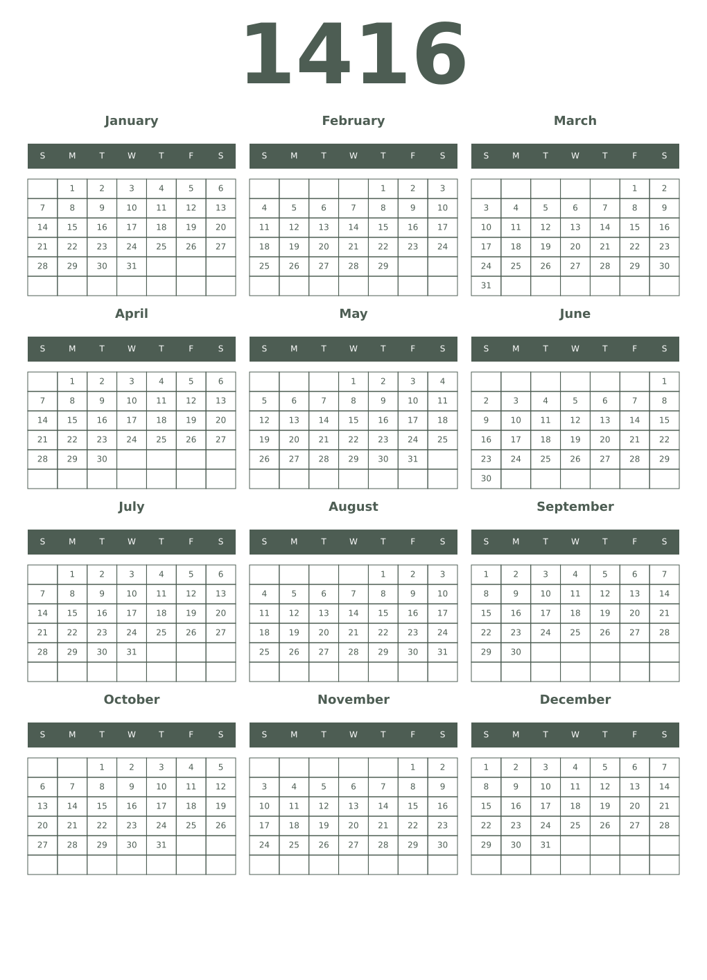 Printable 1416 Year Calendars feldgrau
