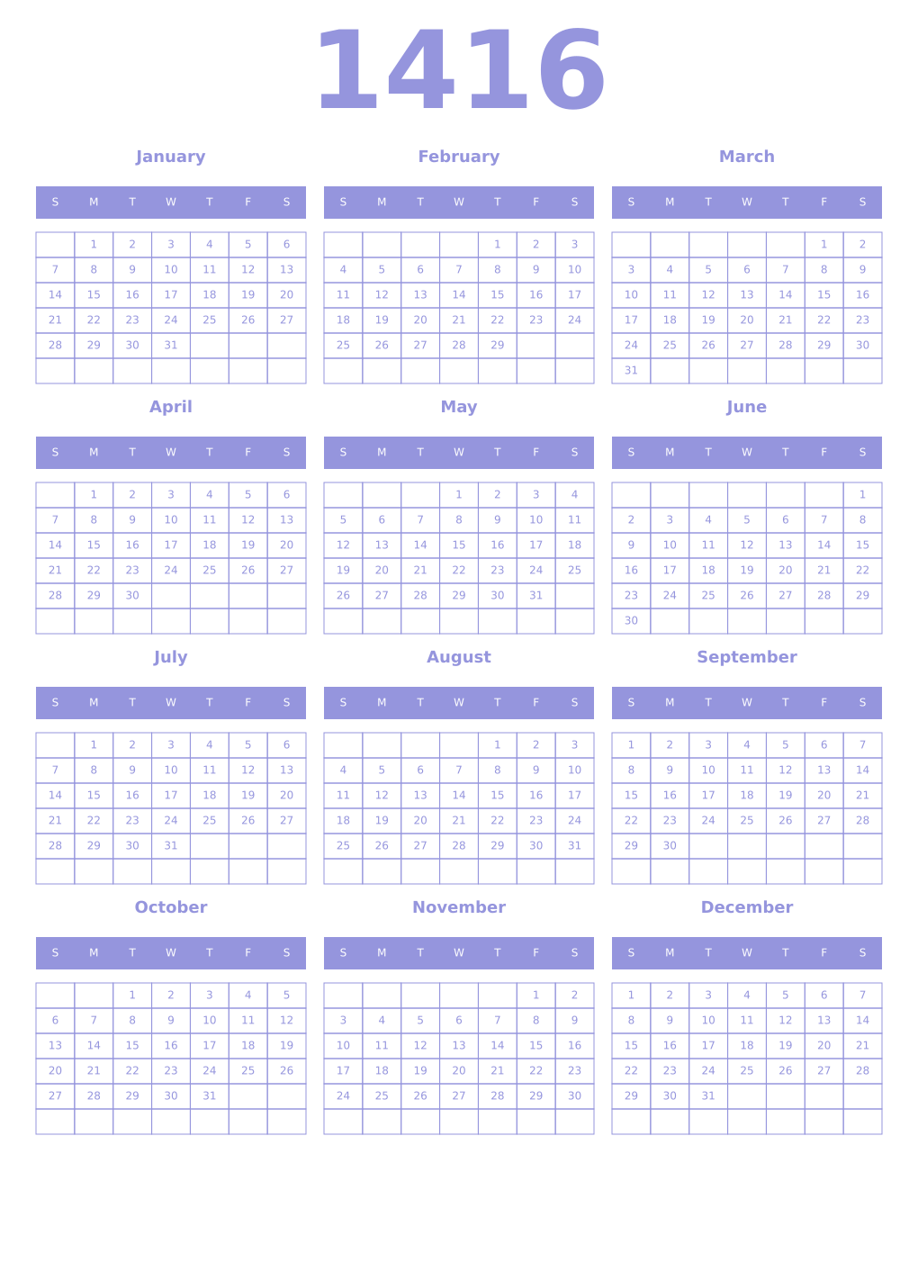 Printable 1416 Year Calendars periwinkle