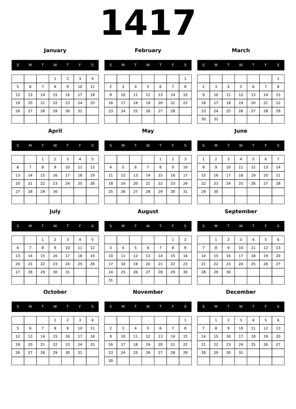 Printable 1417 Calendars