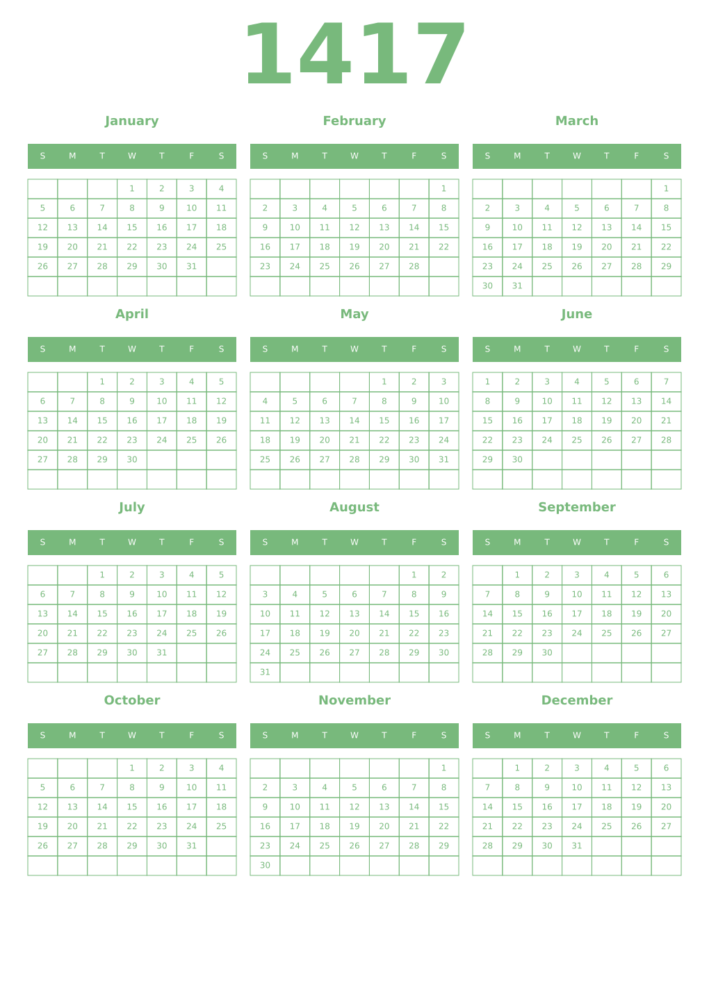 Printable 1417 Year Calendars celadon