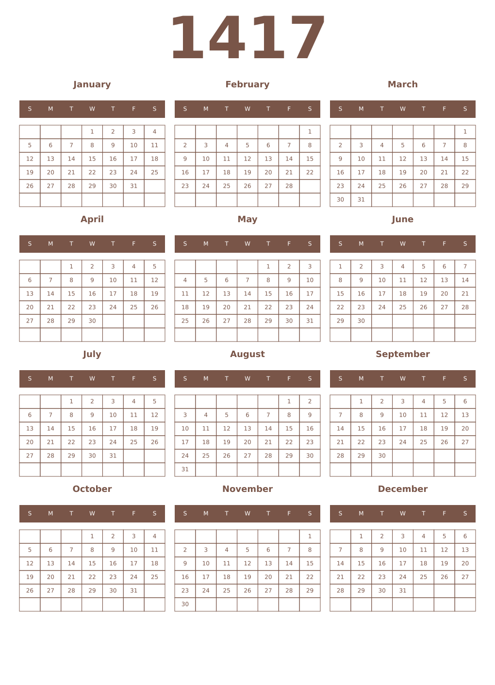 Printable 1417 Year Calendars coffe