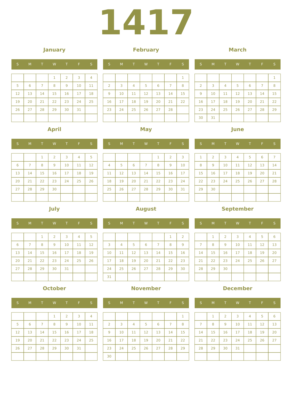 Printable 1417 Year Calendars eburnean