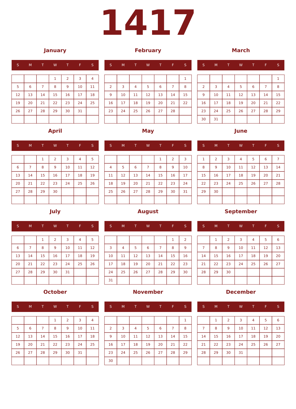 Printable 1417 Year Calendars falu