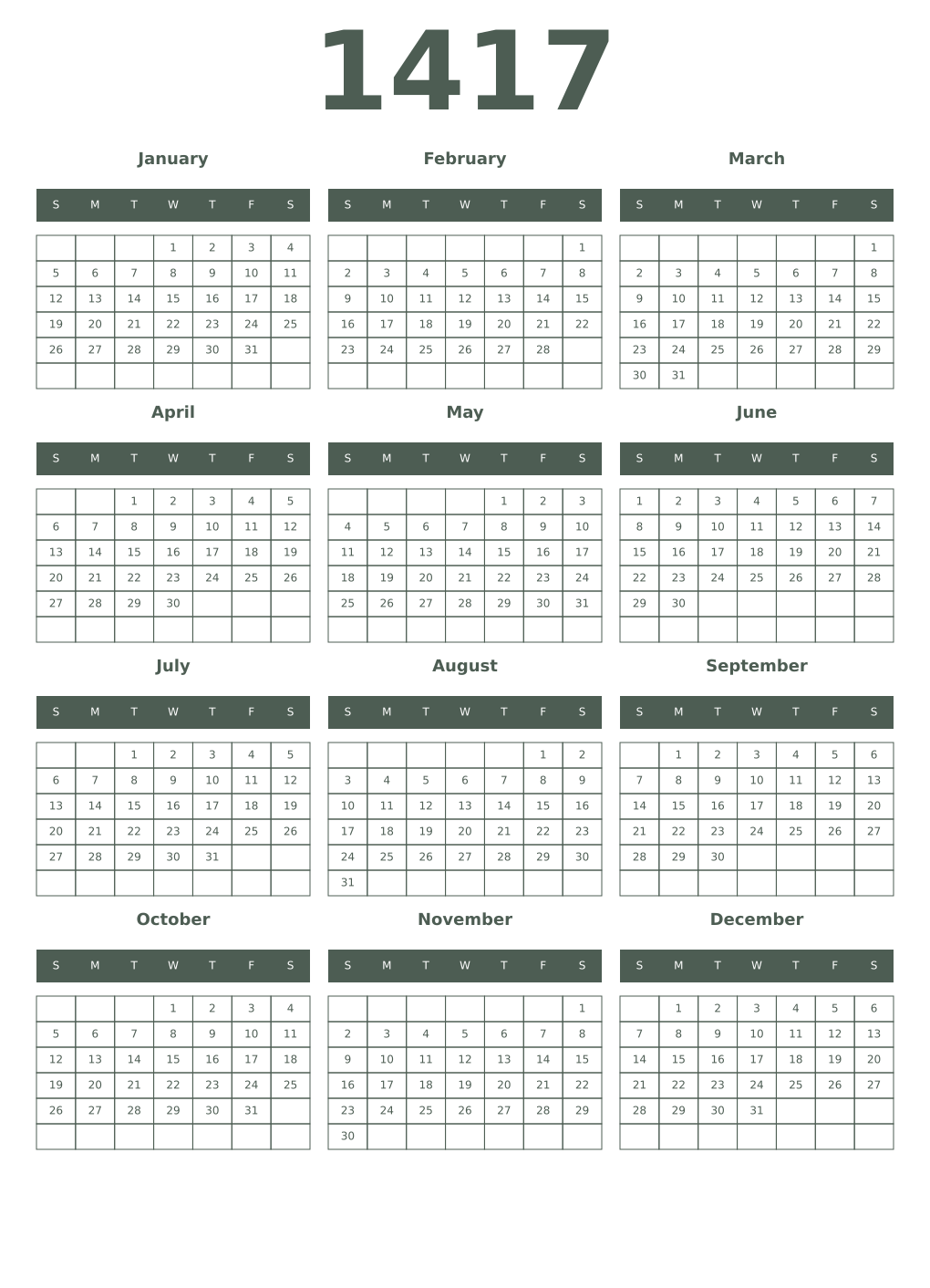 Printable 1417 Year Calendars feldgrau