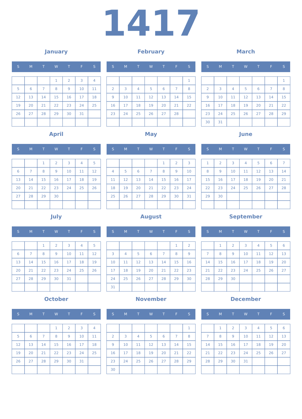 Printable 1417 Year Calendars glaucous