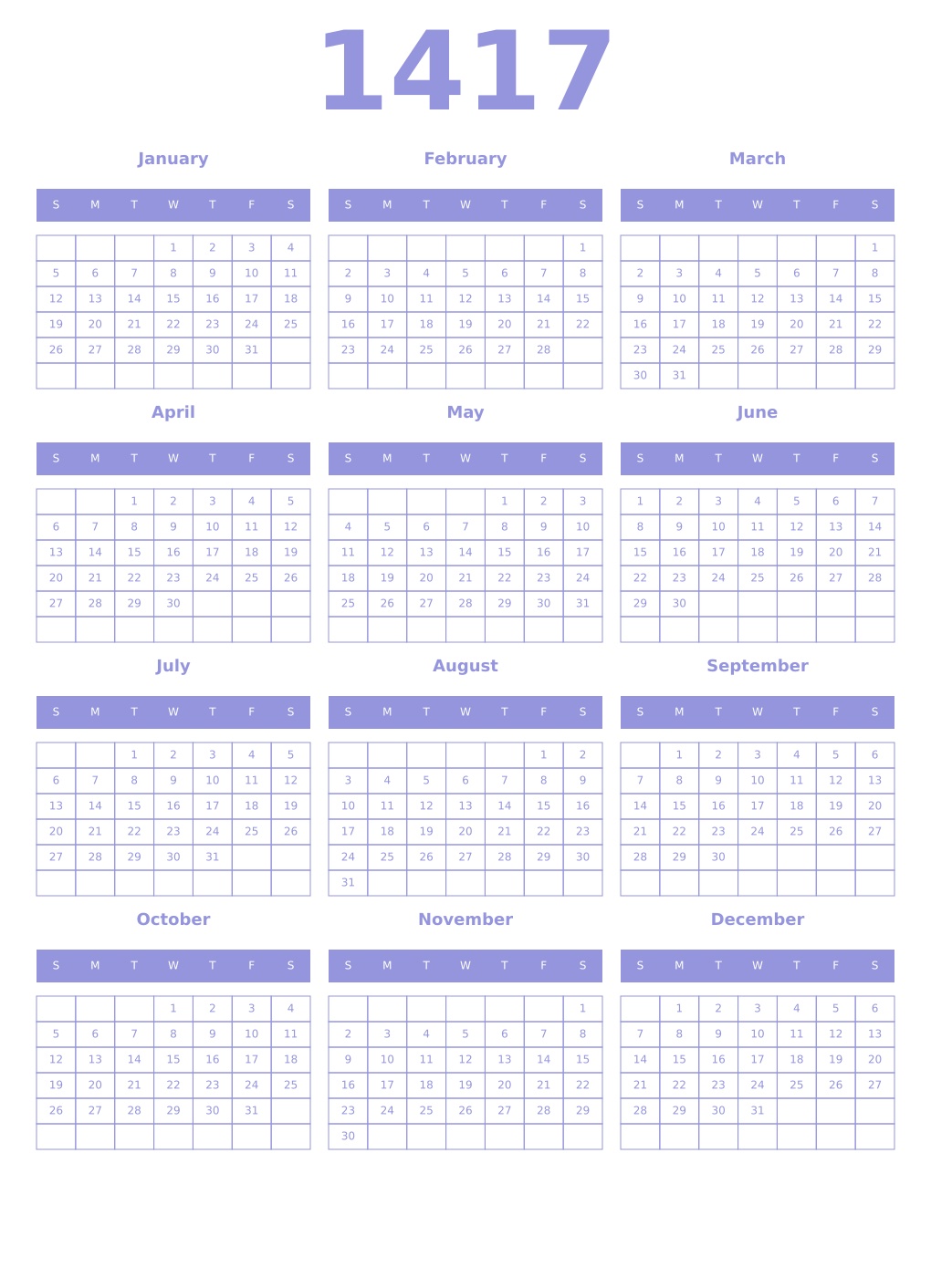 Printable 1417 Year Calendars periwinkle