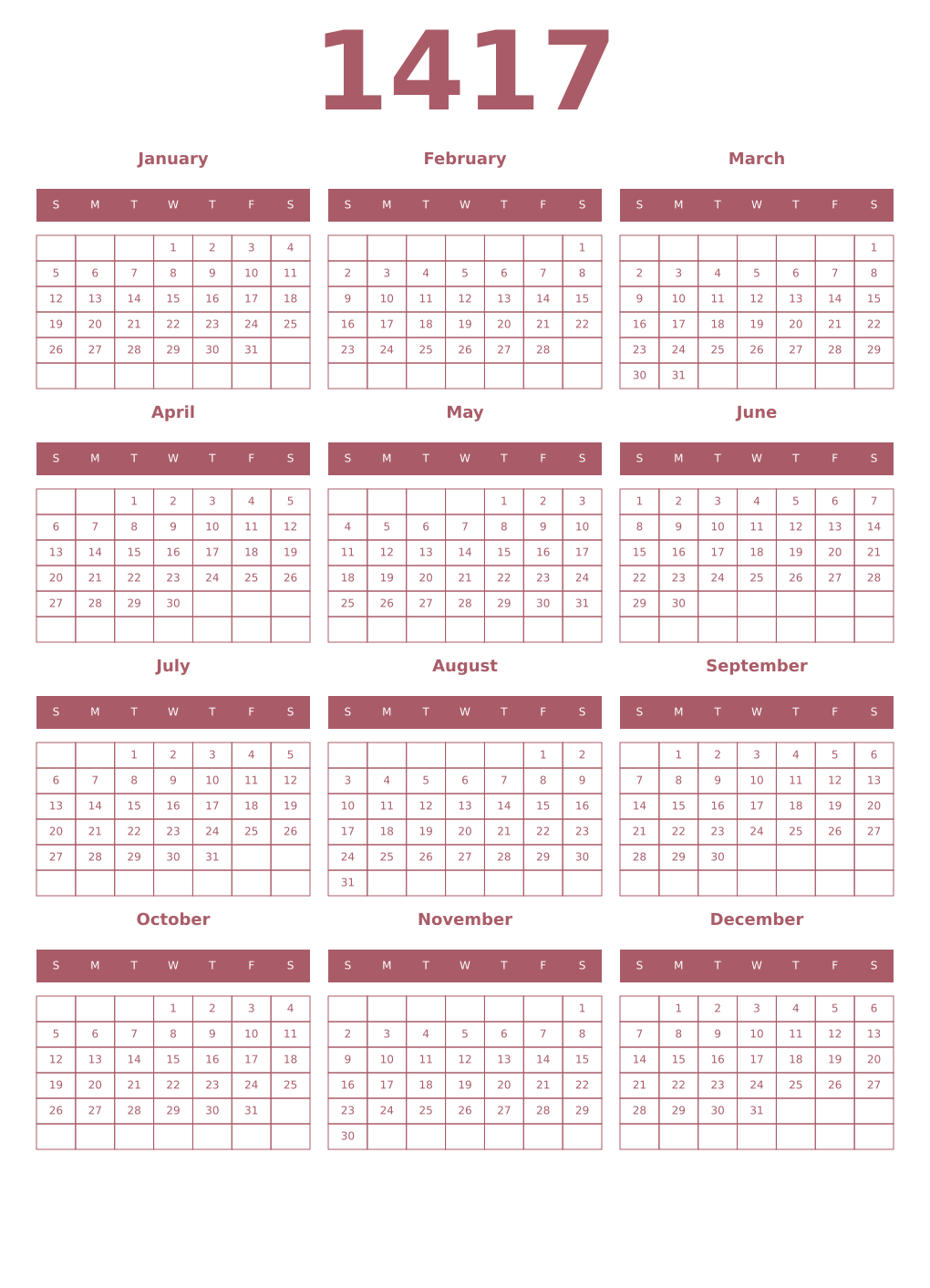 Printable 1417 Year Calendars puce