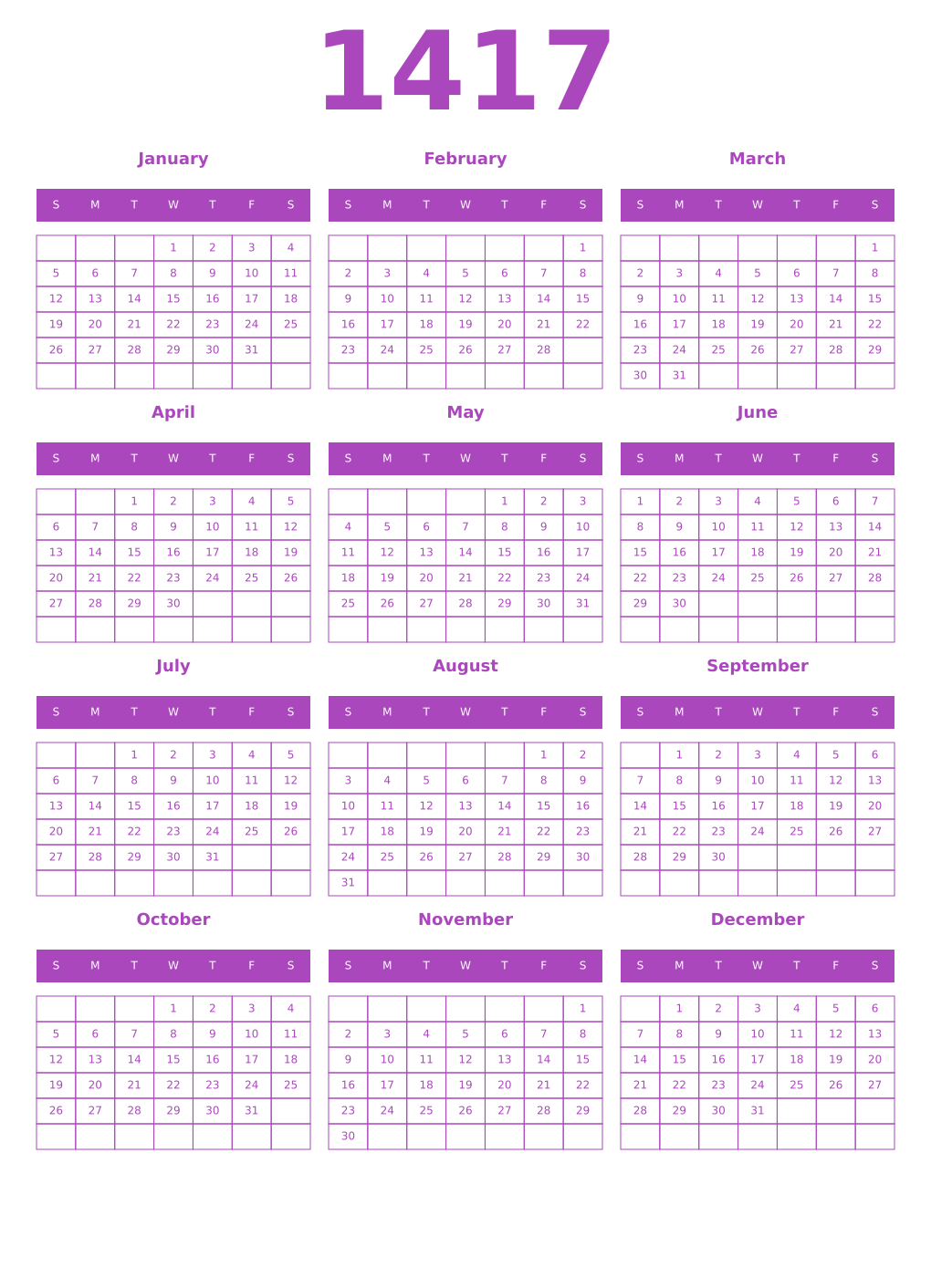 Printable 1417 Year Calendars purple