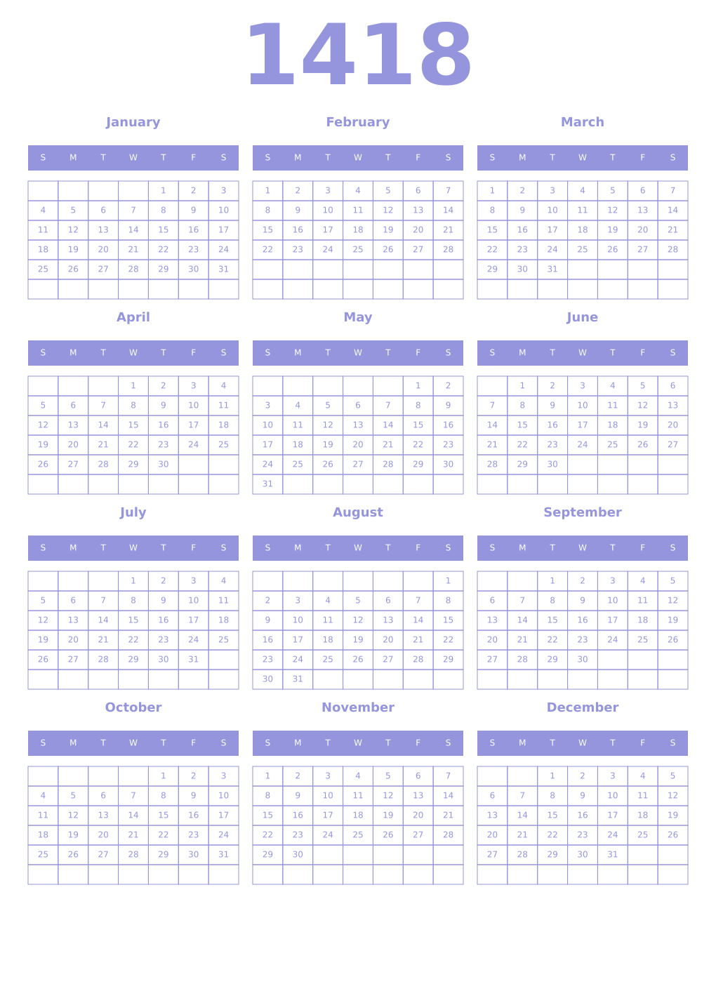 Printable 1418 Year Calendars periwinkle