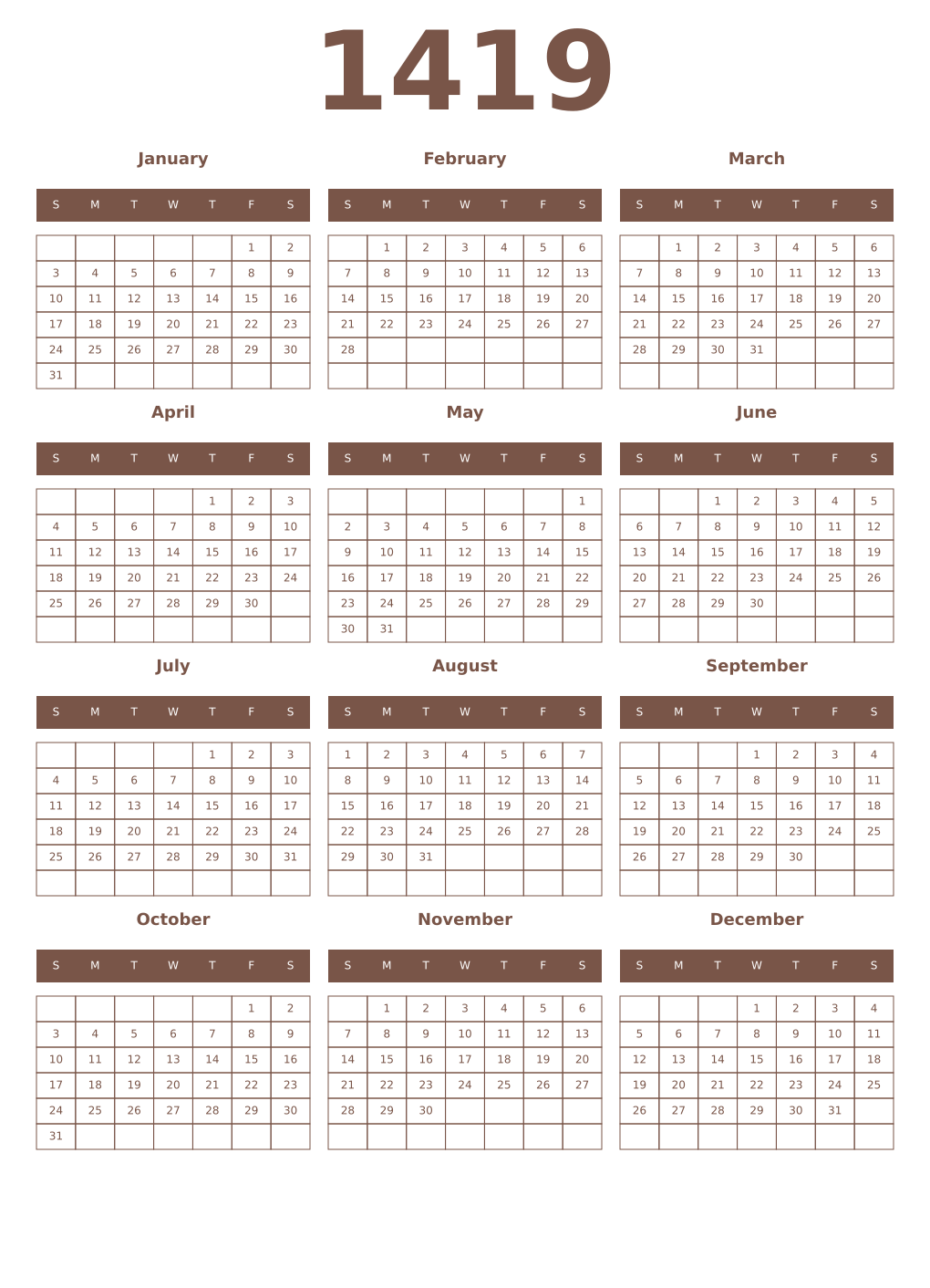 Printable 1419 Year Calendars coffe