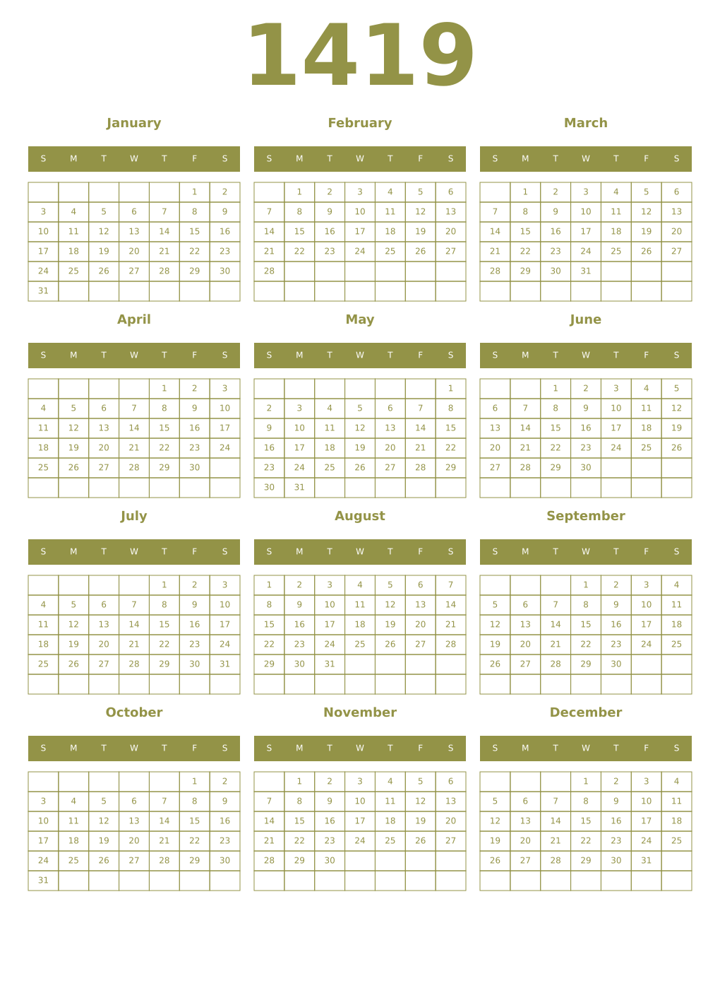 Printable 1419 Year Calendars eburnean