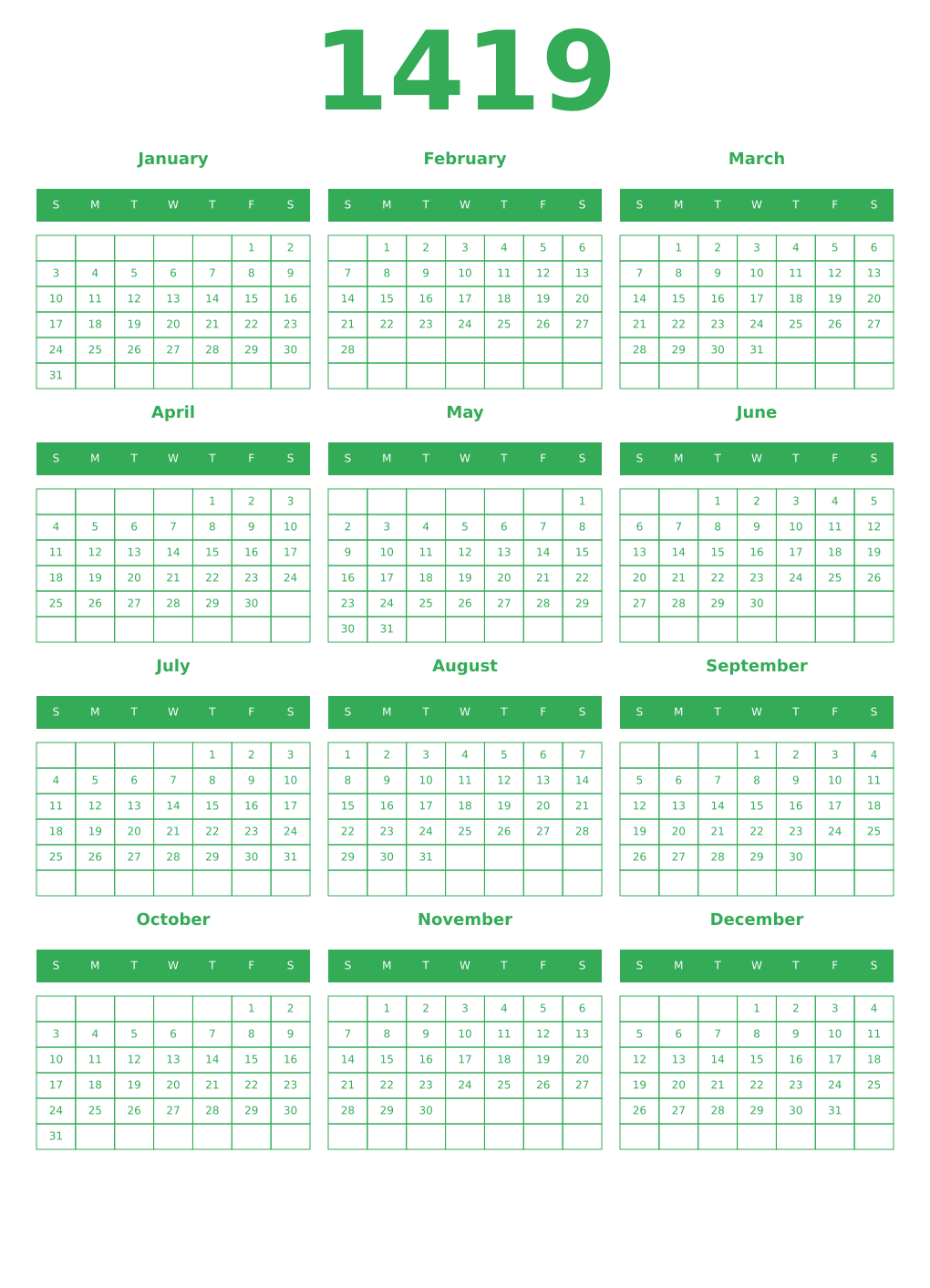 Printable 1419 Year Calendars green