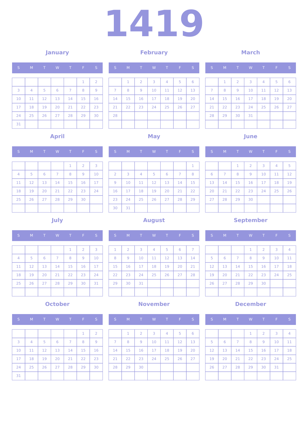 Printable 1419 Year Calendars periwinkle