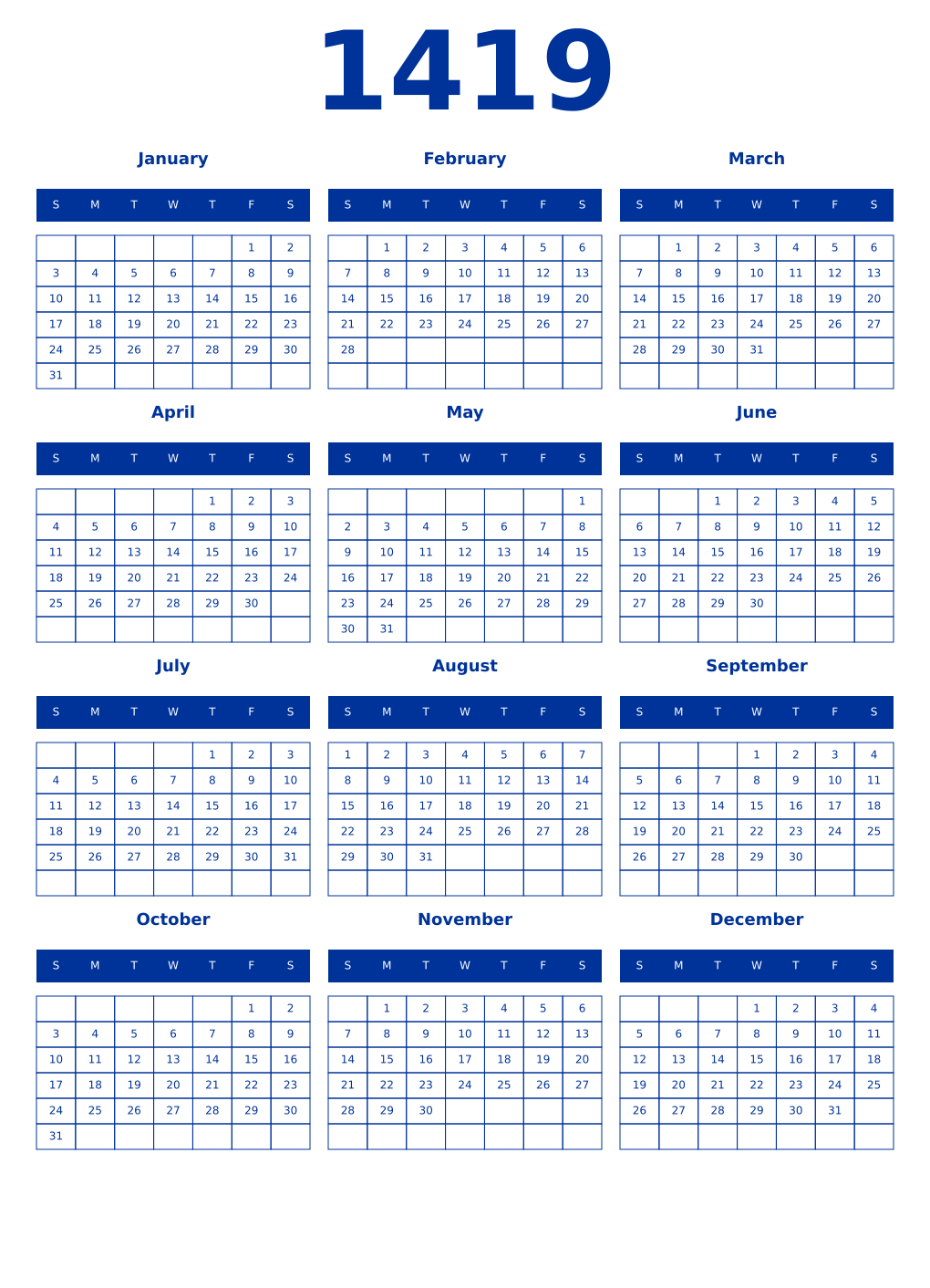 Printable 1419 Year Calendars smalt