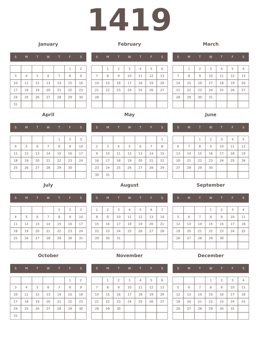 Printable 1419 Year Calendars wenge
