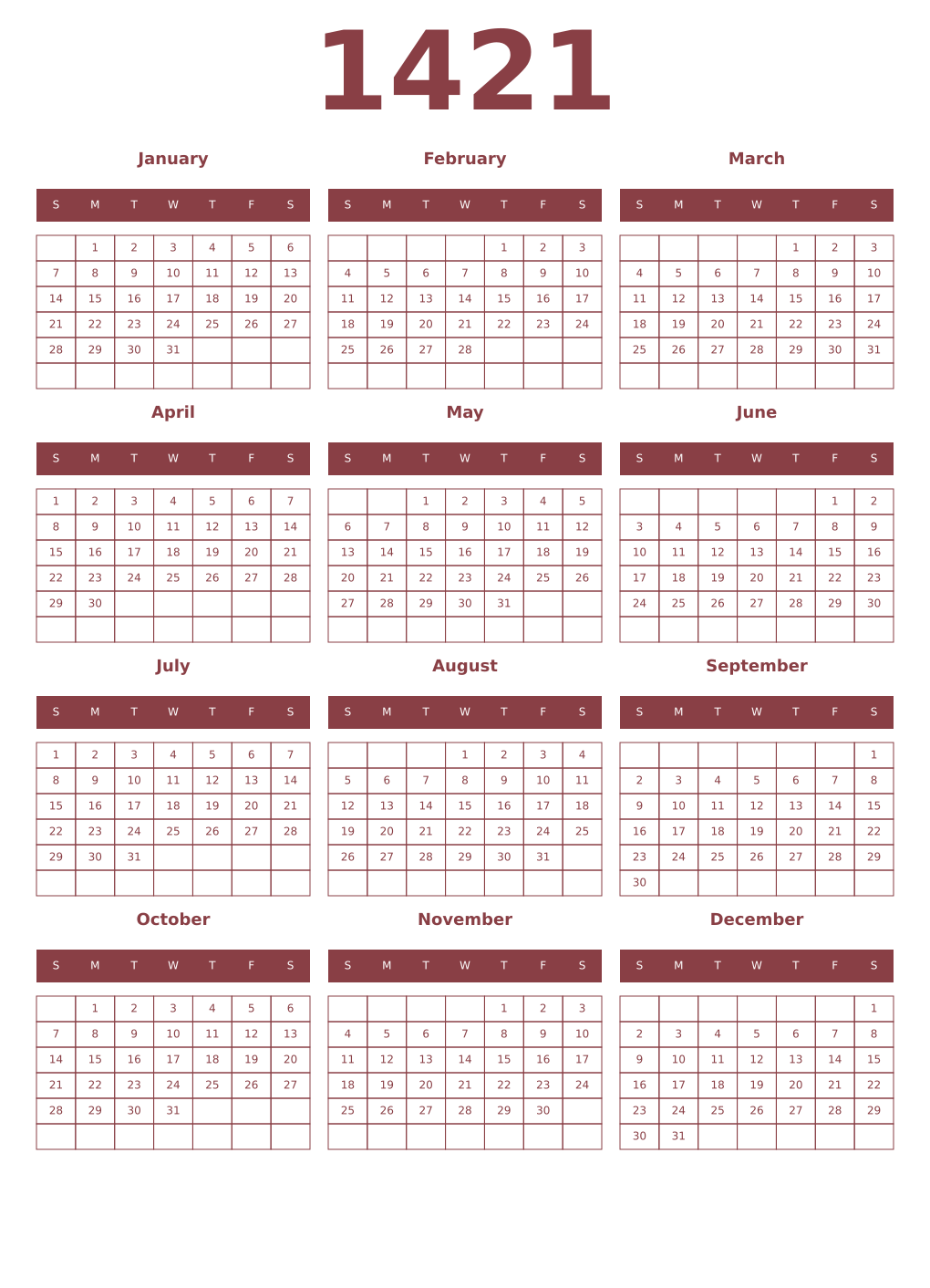 Printable 1421 Year Calendars cordovan
