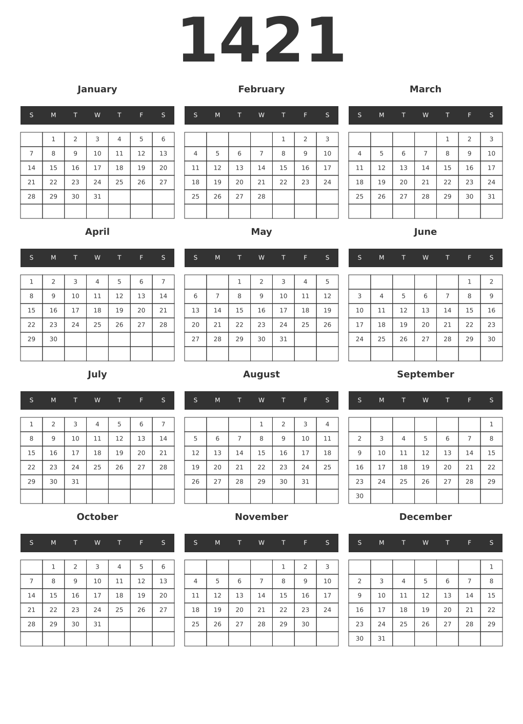 Printable 1421 Year Calendars dark
