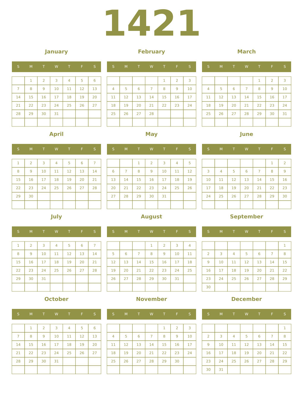 Printable 1421 Year Calendars eburnean