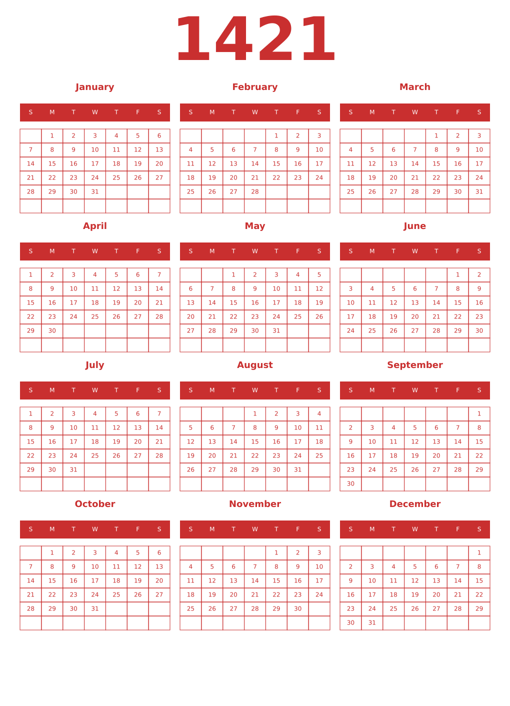 Printable 1421 Year Calendars red