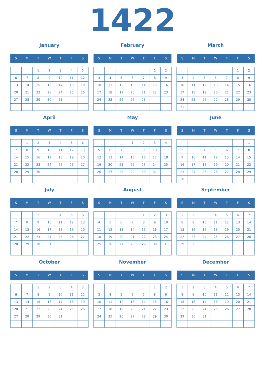 Printable 1422 Year Calendars blue
