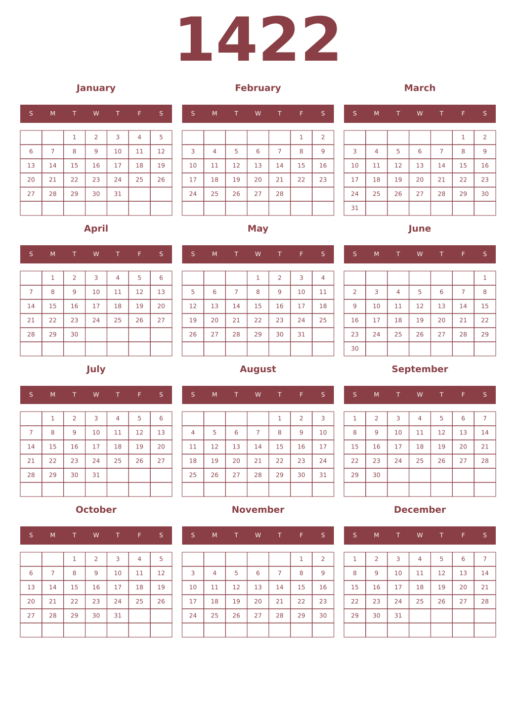 Printable 1422 Year Calendars cordovan