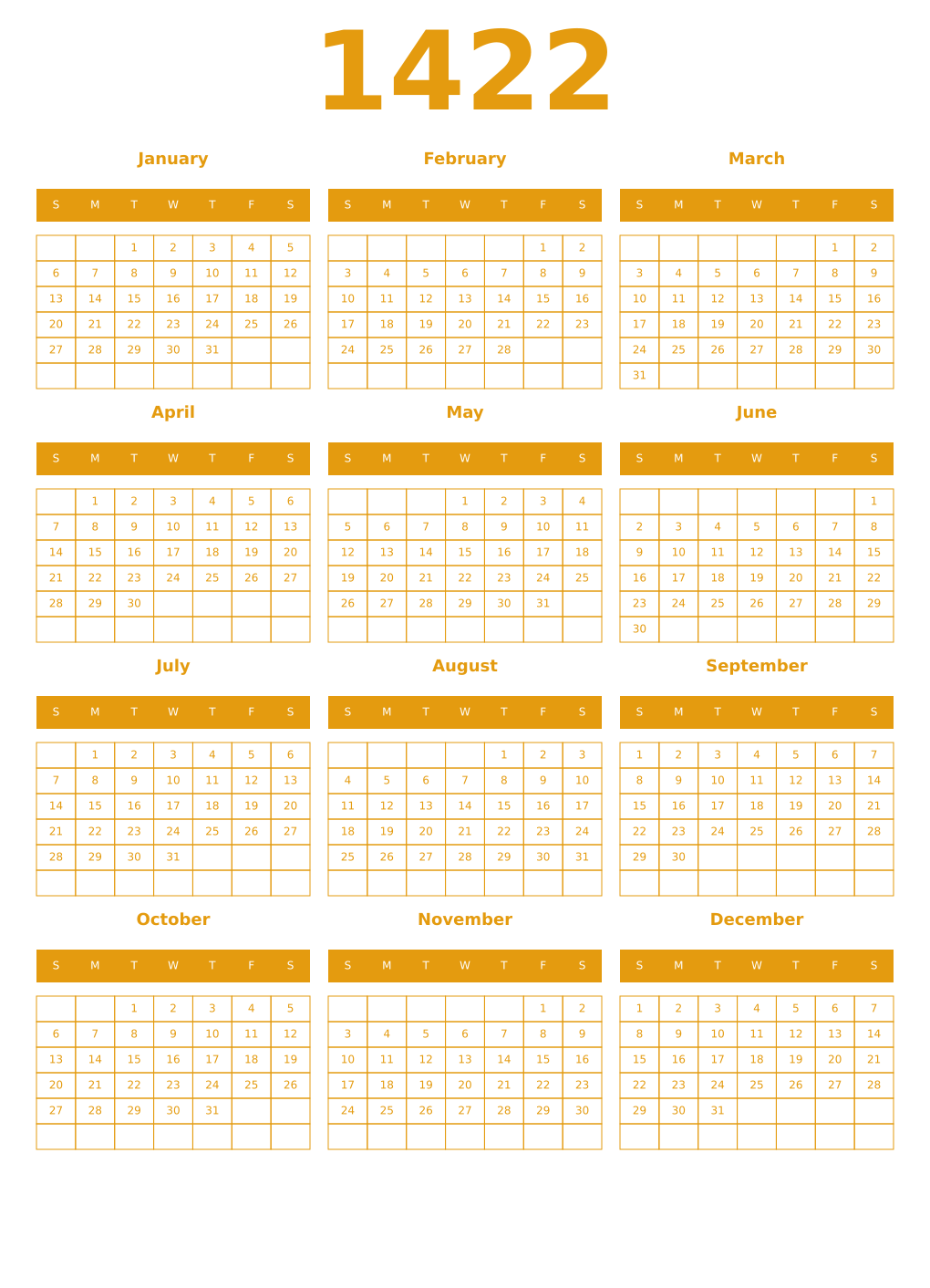 Printable 1422 Year Calendars gamboge