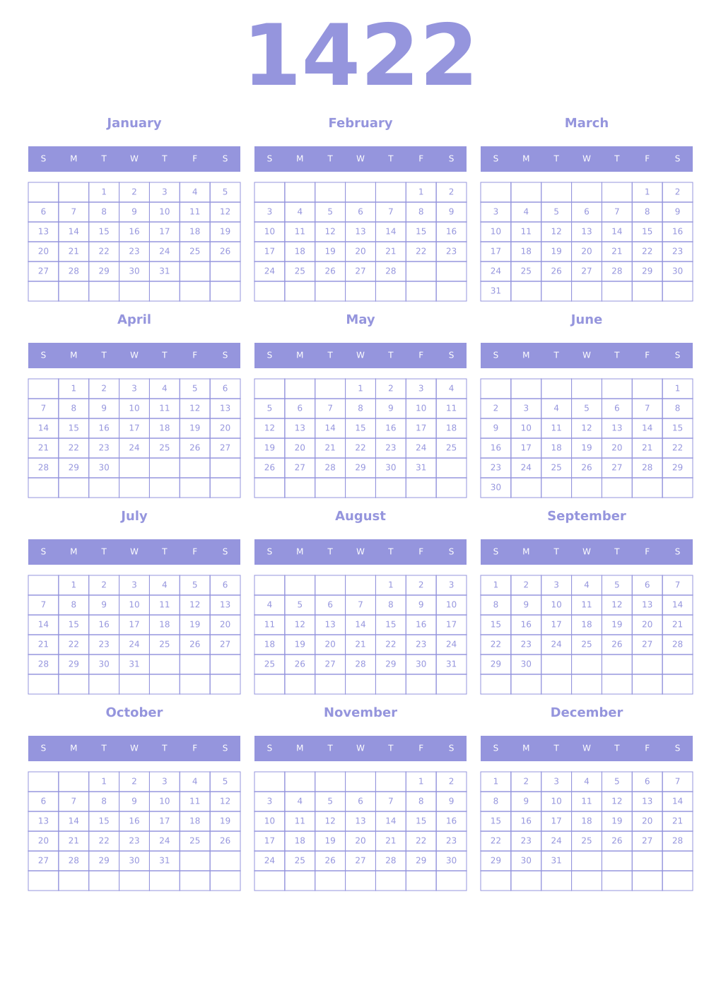 Printable 1422 Year Calendars periwinkle