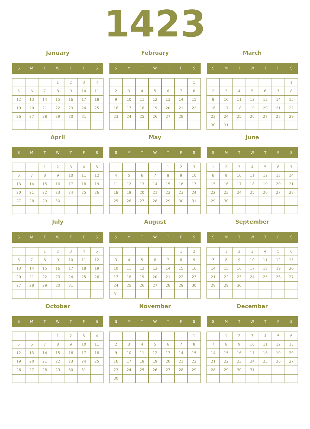 Printable 1423 Year Calendars eburnean
