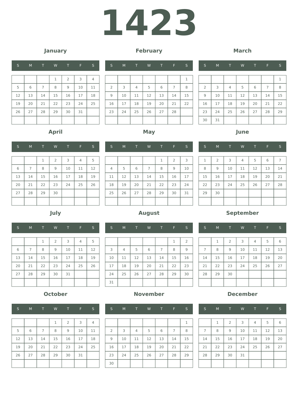 Printable 1423 Year Calendars feldgrau