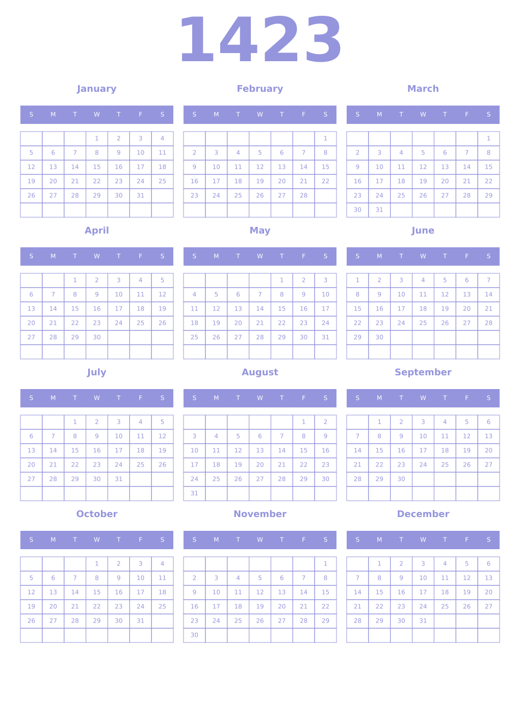 Printable 1423 Year Calendars periwinkle