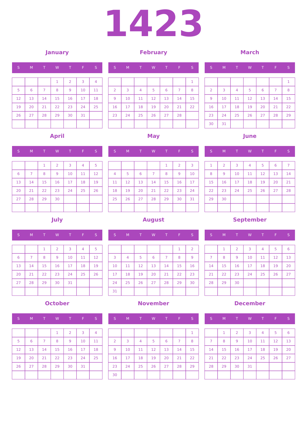 Printable 1423 Year Calendars purple