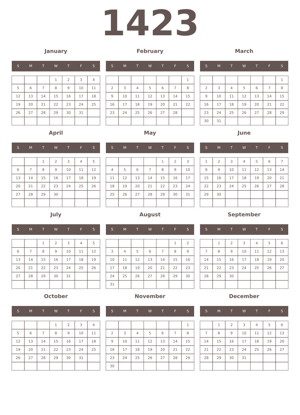 Printable 1423 Year Calendars wenge