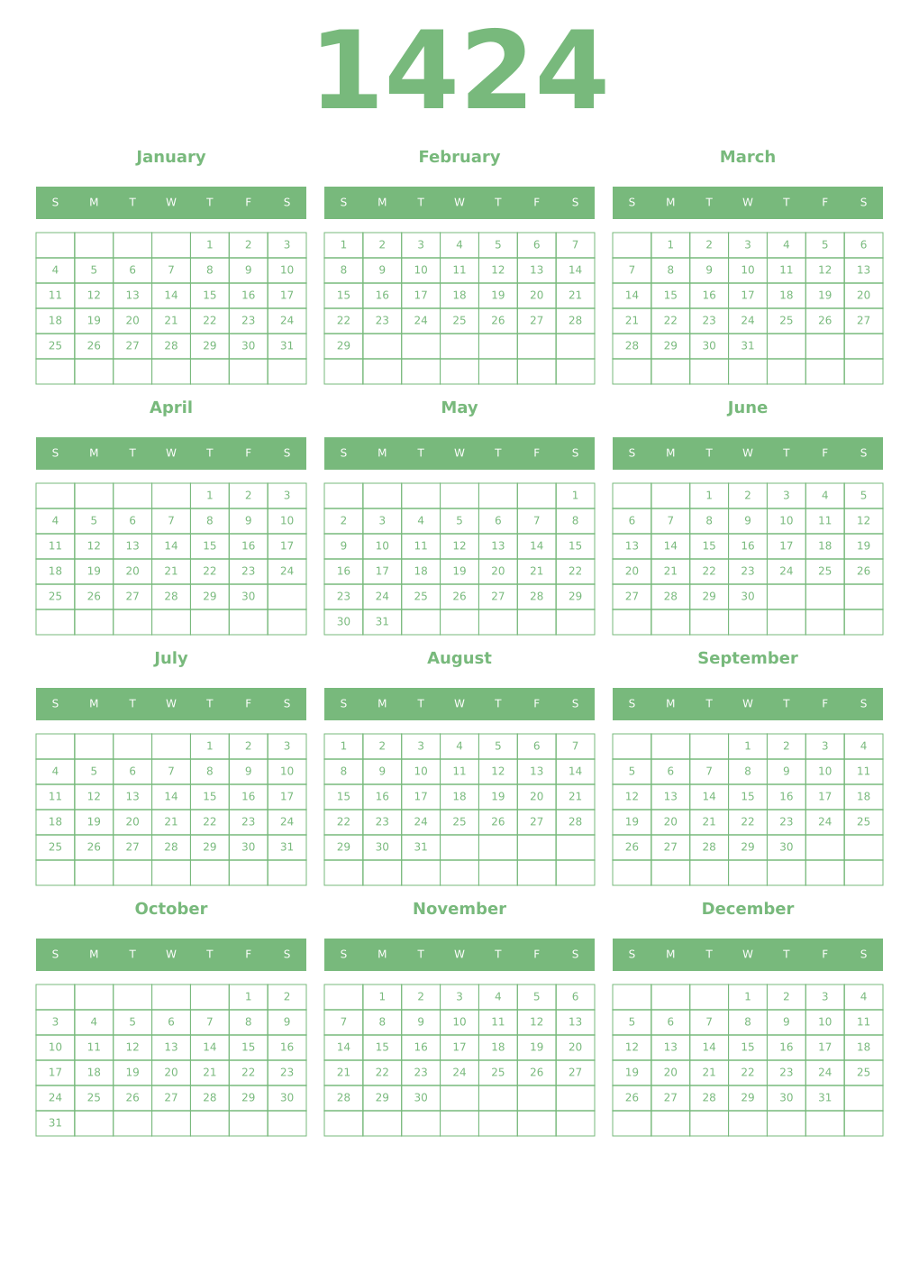 Printable 1424 Year Calendars celadon