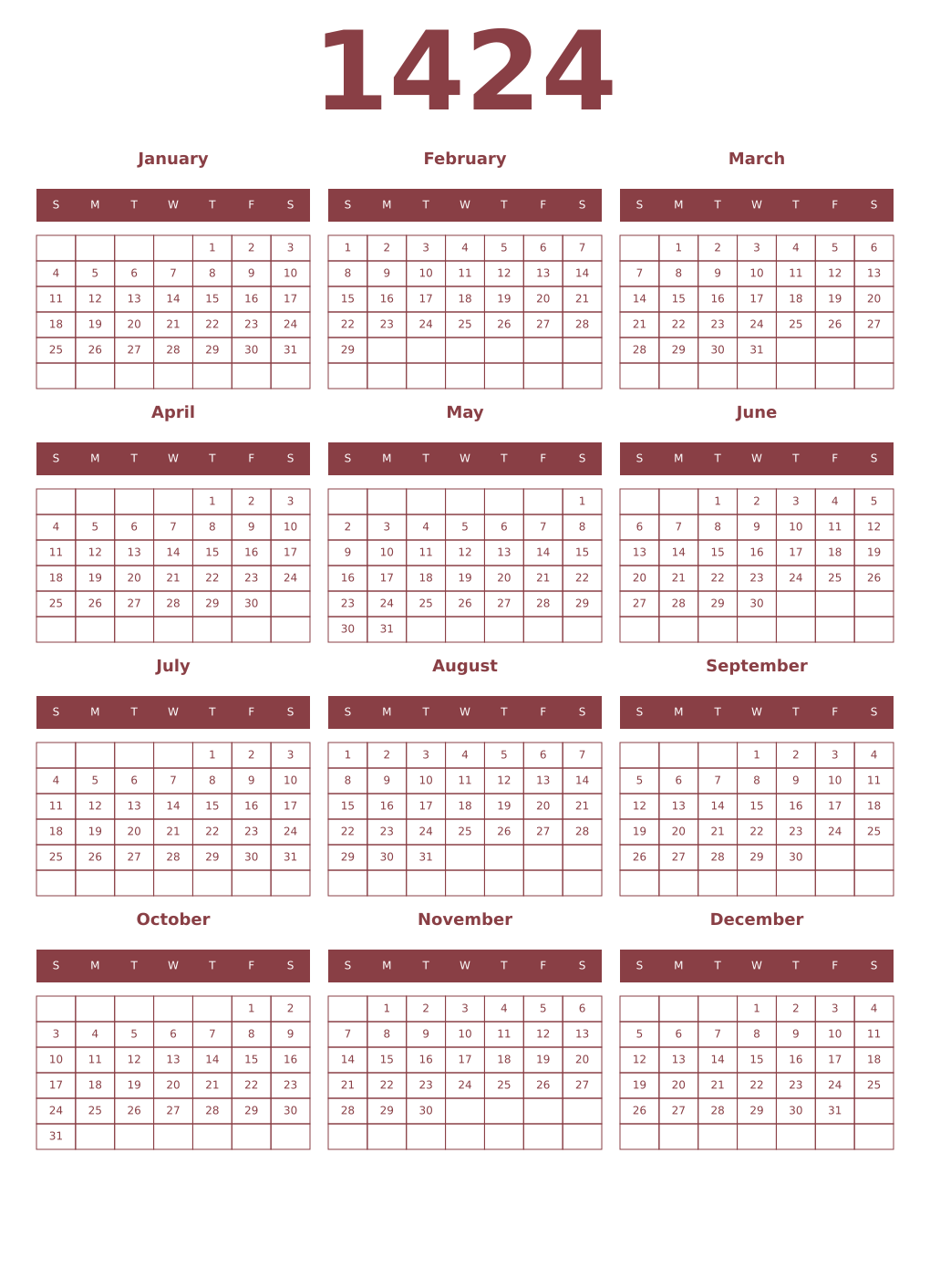 Printable 1424 Year Calendars cordovan