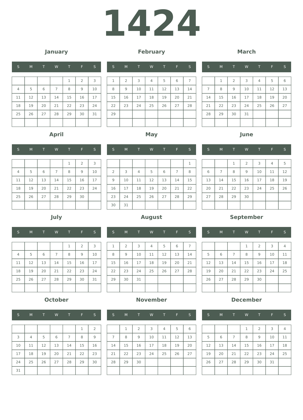 Printable 1424 Year Calendars feldgrau