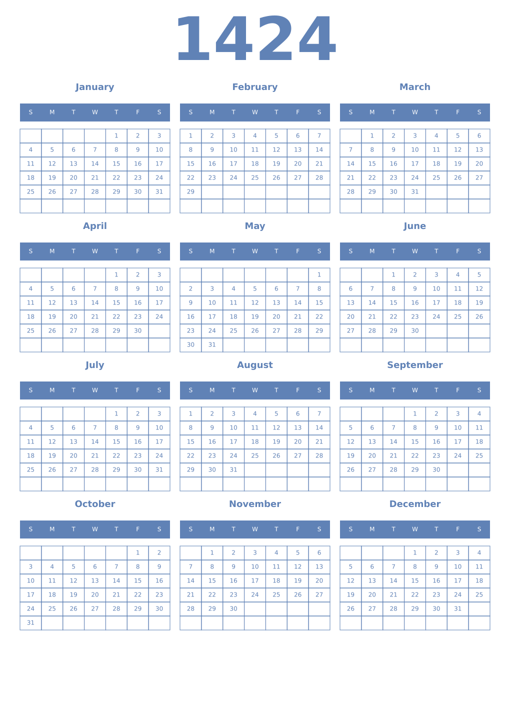 Printable 1424 Year Calendars glaucous