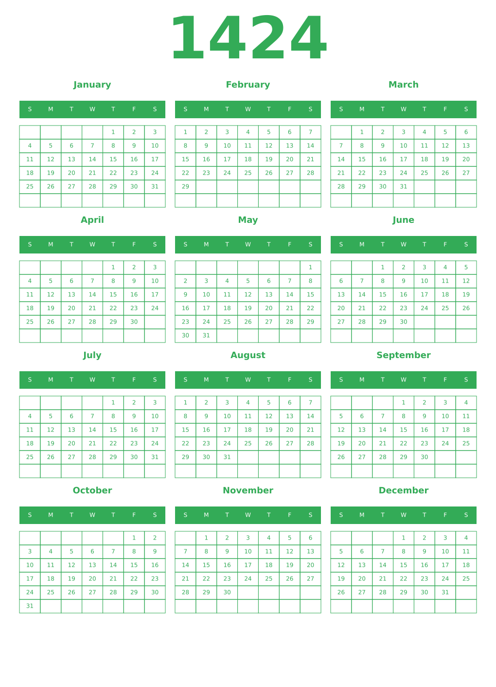 Printable 1424 Year Calendars green