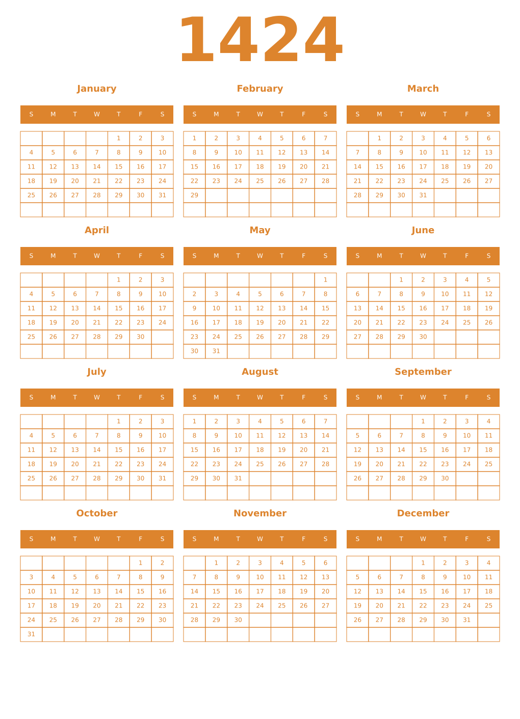 Printable 1424 Year Calendars orange