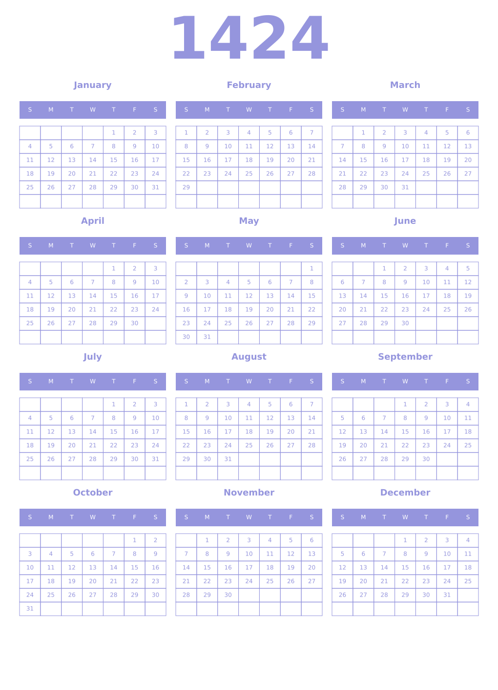 Printable 1424 Year Calendars periwinkle