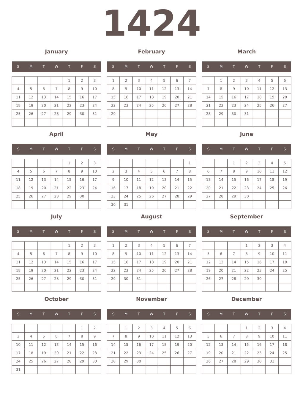 Printable 1424 Year Calendars wenge