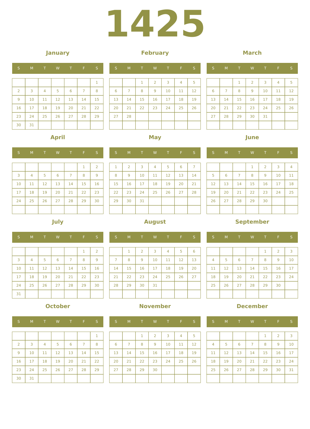 Printable 1425 Year Calendars eburnean