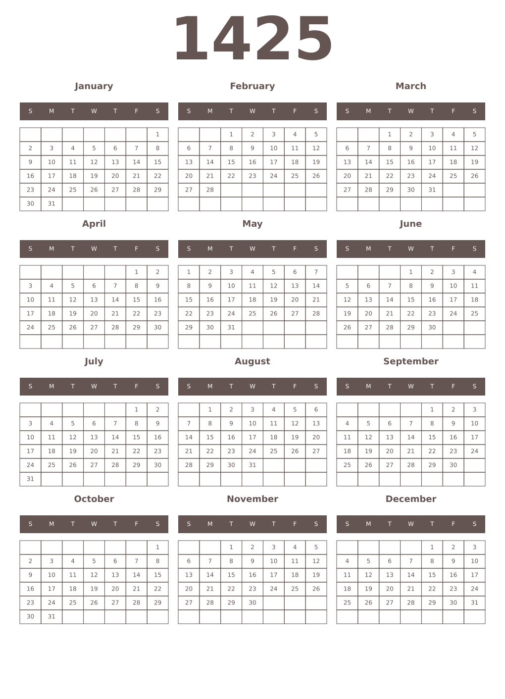 Printable 1425 Year Calendars wenge