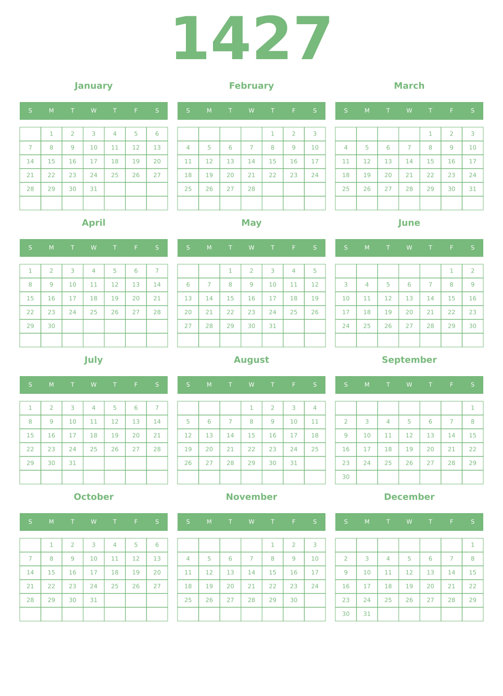 Printable 1427 Year Calendars celadon