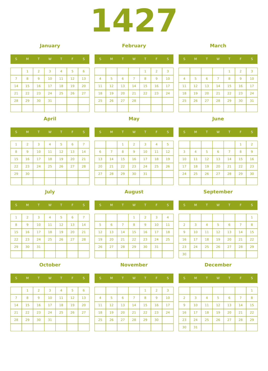 Printable 1427 Year Calendars chartreuse