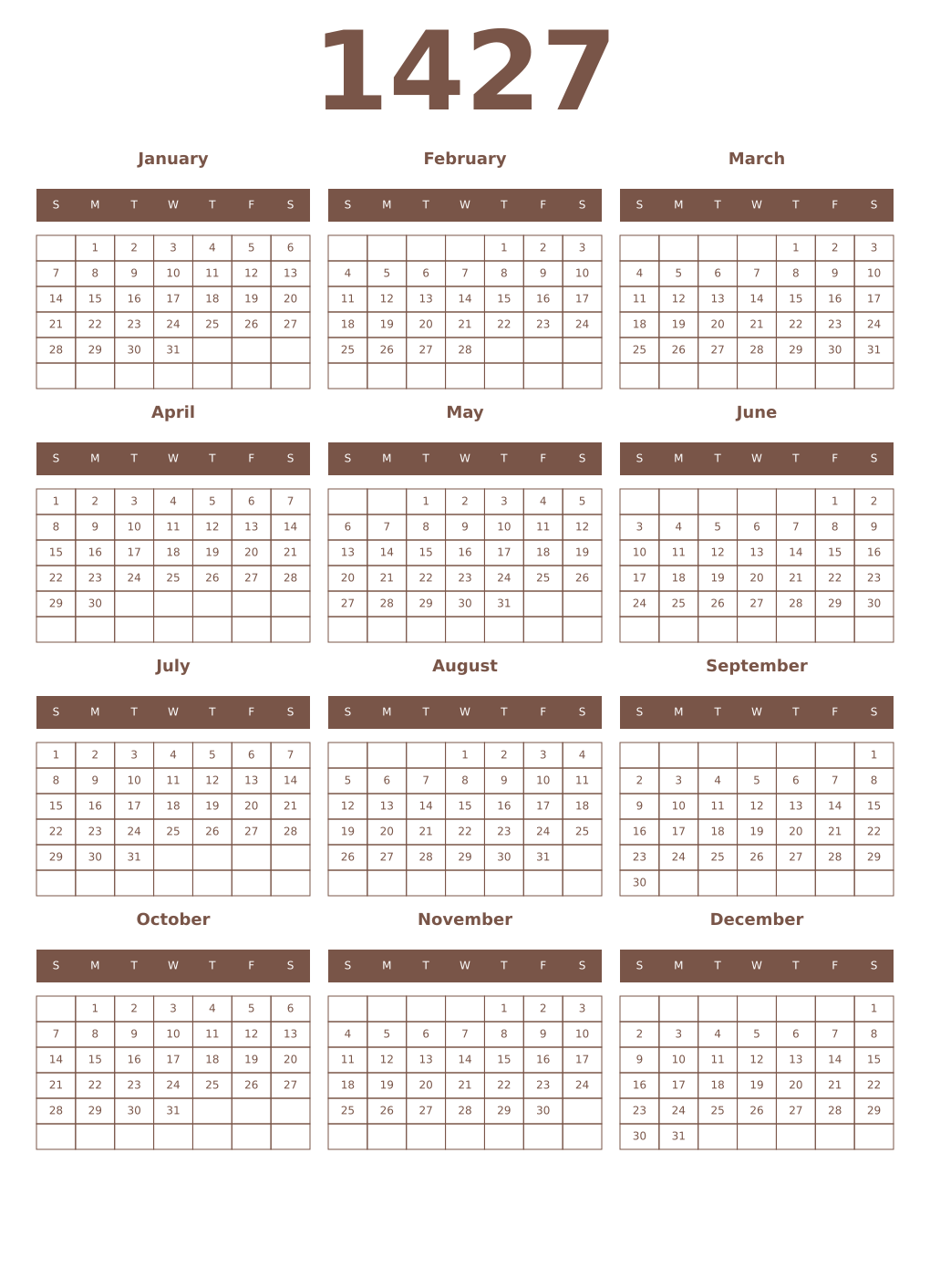 Printable 1427 Year Calendars coffe