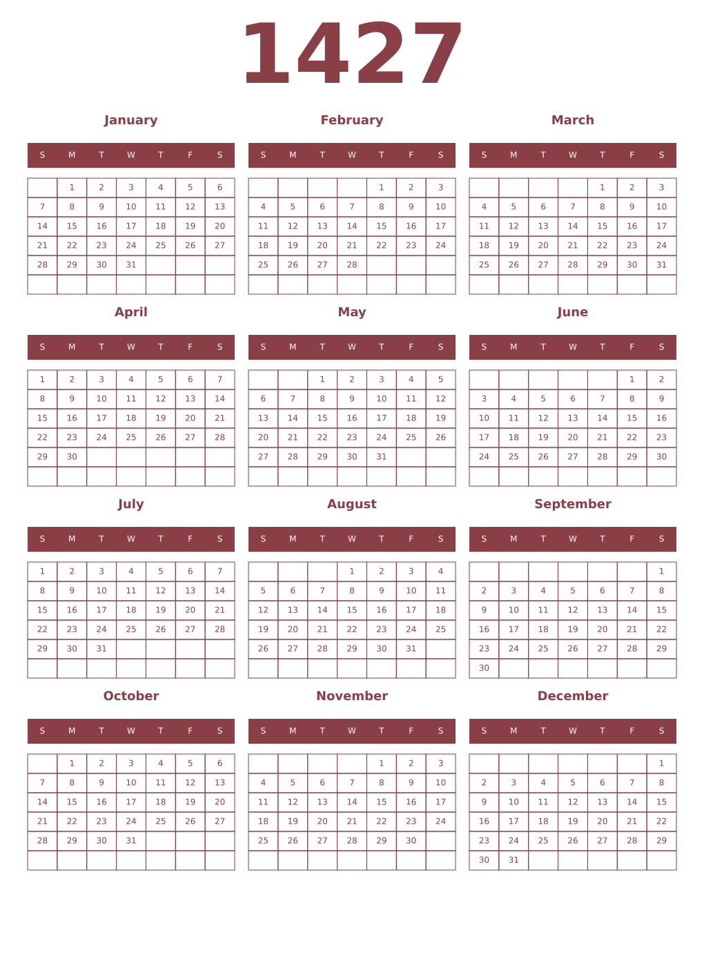 Printable 1427 Year Calendars cordovan